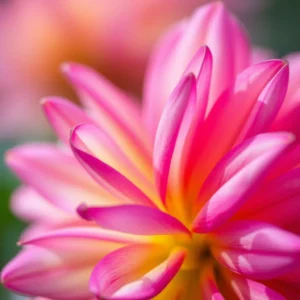Close-up of a vibrant pink and yellow dahlia flower in bloom, with petals radiating outward against a blurred background.