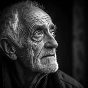 Elderly man with a beard looking thoughtfully to the side in a black and white portrait.