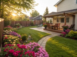 A backyard with a wooden deck, patio furniture, and a pergola. Curved stone path leads through landscaped garden with colorful flowers and a neatly maintained lawn under a setting sun.