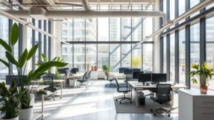 Bright, modern office with large windows, numerous desks with computers, ergonomic chairs, and lush green plants. Urban buildings visible outside.