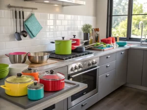 Modern kitchen with a gas stove, various colorful pots and utensils, and a countertop with bowls. A window lets in natural light, highlighting the neat, organized setup.
