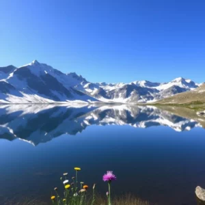 A calm mountain lake reflects snow-capped peaks under a clear blue sky. Colorful flowers are in the foreground.
