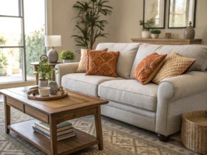 A cozy living room with a light gray sofa decorated with patterned pillows, a wooden coffee table with plants, books, and cups, a patterned rug, and a large window showing greenery outside.