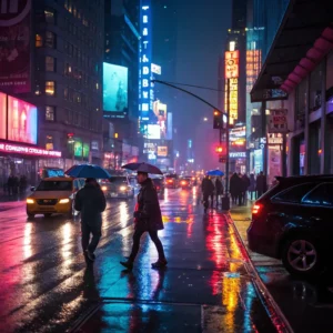 Nighttime city street scene in the rain with people carrying umbrellas. Bright neon signs illuminate the wet pavement. Traffic includes taxis and cars.