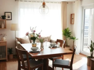 A bright dining area with a wooden table set for four. Sunlight filters through sheer curtains. Potted plants and wall art add decor to the room.