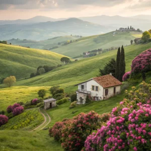 A house and shed sit on rolling green hills with pink flowering bushes. Distant hills and a cloudy sky are visible in the background.