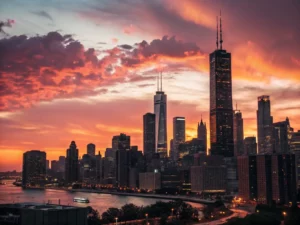 A city skyline at sunset with vibrant orange and red clouds. Tall skyscrapers are silhouetted, and a river with a boat is visible in the foreground.