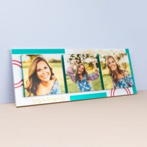 A three-photo collage in a decorative frame featuring a person smiling widely in various poses, wearing a blue patterned outfit. The frame has geometric designs in teal and red.