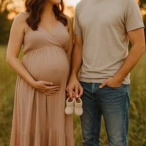 A pregnant woman in a beige dress stands beside a man in jeans and a beige shirt; he holds small baby shoes as they pose outdoors.