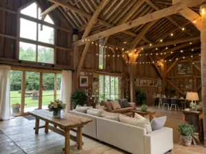 Spacious rustic barn interior with exposed wooden beams, string lights, large windows, sofas, a dining table, and views of greenery outside.