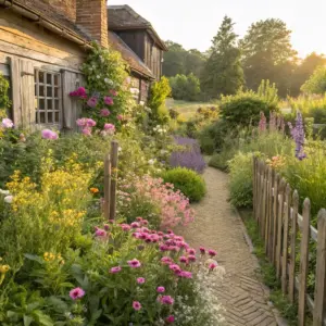 A stone path runs beside a rustic wooden house with lush, colorful flowers and greenery in the garden, lit by soft sunlight.