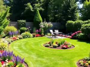 A neatly landscaped garden with circular flower beds, manicured lawn, colorful flowers, and two chairs set on a patio surrounded by shrubs and trees.