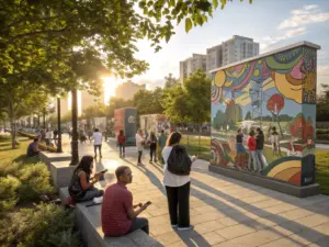 People walk and gather along a park pathway lined with colorful outdoor murals on panels, with trees and city buildings in the background during sunset.