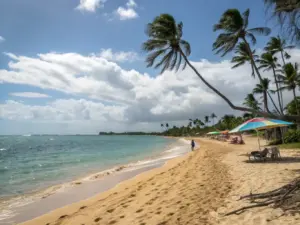 A sandy beach with palm trees, clear turquoise water, and scattered lounge chairs under colorful umbrellas on a sunny day.