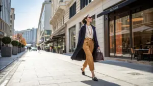 A woman wearing a long coat, white top, and tan pants walks confidently down a stylish urban street while carrying a large handbag.