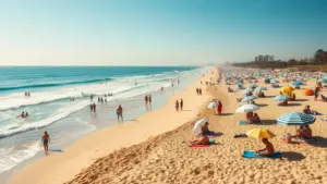 Crowded sandy beach with people swimming, sunbathing, and relaxing under umbrellas on a sunny day. The shoreline extends into the distance with calm blue ocean waves.