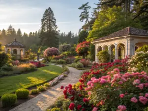 A landscaped garden with blooming flowers, manicured lawns, a stone path, a gazebo on the left, and an arched pavilion on the right, surrounded by tall trees at sunset.