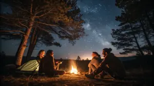Four people sit around a campfire at night in a forest clearing, with trees nearby and a star-filled sky visible overhead.