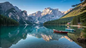 A clear lake reflects surrounding mountains and trees; two boats float near a wooden dock with a cabin on the right, under a blue sky.