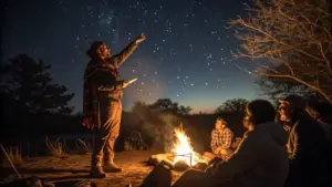 A group of people sits around a campfire at night while one person stands and points up at the star-filled sky.