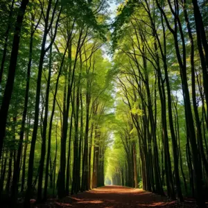 A path covered with fallen leaves runs through a forest of tall, green trees with sunlight filtering through the canopy.
