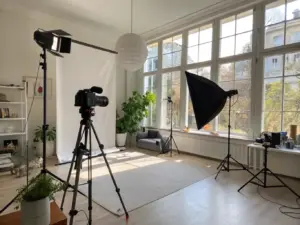 A photography studio setup with cameras, tripods, softbox lights, a white backdrop, and large windows letting in natural light.