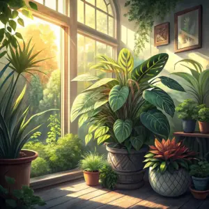 A sunlit room with large windows features a variety of potted houseplants, including leafy green and succulent plants, arranged on a wooden floor and shelves.