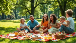 A family of six sits on a blanket in a park having a picnic, surrounded by food baskets and trees on a sunny day.
