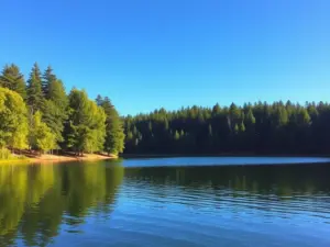 A calm lake bordered by dense green trees under a clear blue sky, with reflections of the trees visible on the water’s surface.