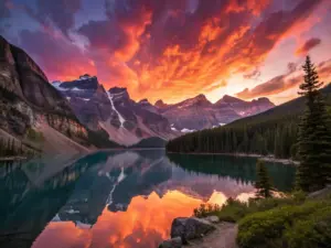 A lake reflects surrounding mountains and a vibrant, colorful sunset sky filled with dramatic clouds, with pine trees along the shore.