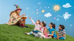 A person dressed as a wizard reads to four children sitting on grass, with illustrated stars, clouds, and animals in the background.
