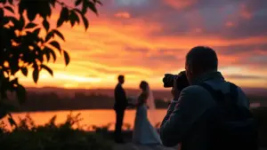 A photographer captures a silhouetted couple standing by a lake at sunset, with vivid orange and pink sky in the background.