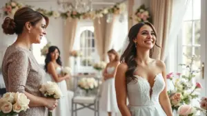 A bride in a white gown smiles beside a woman holding flowers, with bridesmaids and floral decorations visible in a well-lit room.