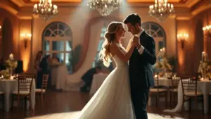 A bride and groom share their first dance in an elegant, warmly lit ballroom decorated with chandeliers and floral arrangements.