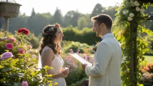 A bride and groom stand in a garden exchanging vows, surrounded by flowers and greenery, both smiling at each other.