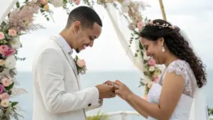 A groom places a ring on the bride's finger during an outdoor wedding ceremony, with floral decorations and the ocean in the background.
