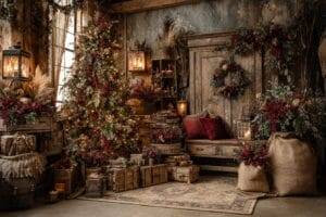 A rustic room decorated for Christmas with a lit tree, vintage wooden crates, sacks, red berries, greenery, and a wooden bench with red cushions and a wreath on the wall.