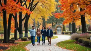 Four people walk together on a curved path through a park with vibrant autumn trees and a decorative white arbor in the background.