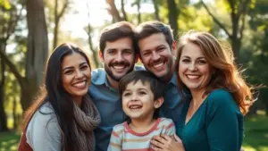 Five people, including a young child, are smiling and posing closely together outdoors in a wooded area with sunlight filtering through the trees.