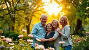 Four smiling adults stand close together in a garden with blooming flowers and sunlight filtering through the trees in the background.