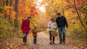 Four people walk along a leaf-covered path in an autumn forest, carrying baskets and wearing fall clothing.