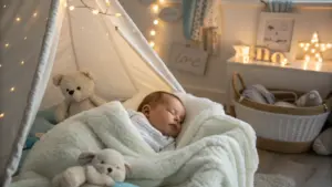A baby sleeps under a white blanket in a cozy, softly-lit room with a teddy bear, a plush toy, and decorative lights in the background.