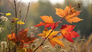 Close-up of red and orange autumn leaves on branches, surrounded by dried wildflowers, with a blurred natural background.
