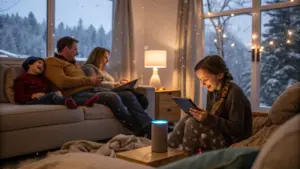 A family relaxes in a cozy living room on a snowy day; two children use tablets while two adults sit on a couch using electronic devices.