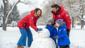 A family of four in winter jackets builds a snowman together in a snowy park, surrounded by trees.