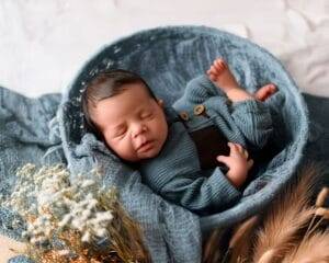 Newborn baby sleeping on a blue blanket inside a round basket, wearing a blue knitted outfit; dried flowers are placed nearby.