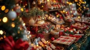 A festive display of holiday treats, ornaments, evergreen branches, mugs, and gift baskets, surrounded by warm string lights and Christmas decorations.