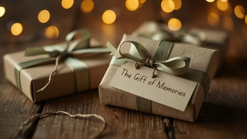 Three neatly wrapped gift boxes with green ribbons sit on a wooden surface, one labeled "The Gift of Memories," with warm, blurred lights in the background.