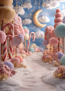 A whimsical candy land scene with pastel-colored candy trees, lollipops, and candy canes along a sugary path under a crescent moon and twinkling lights in a cloudy sky.