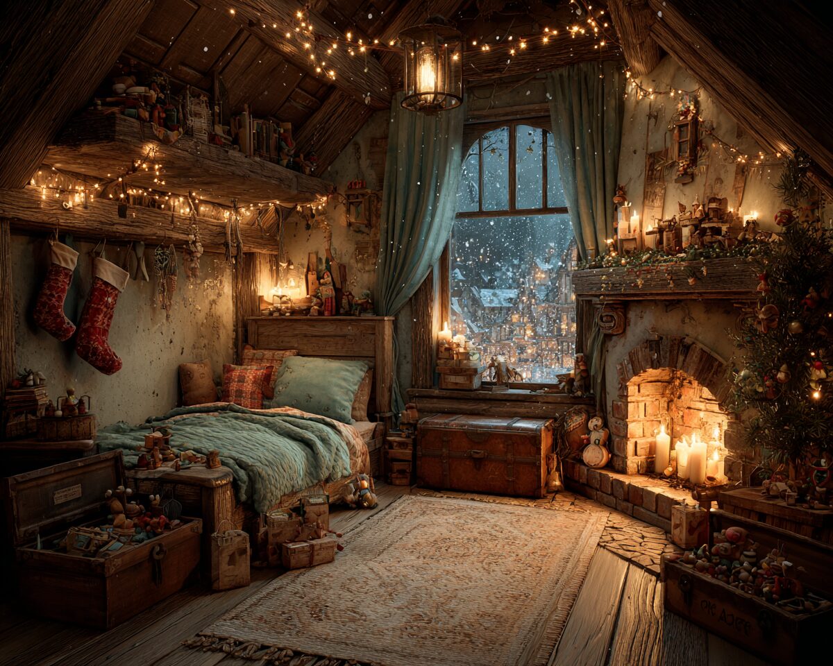 A cozy bedroom with Christmas decor, string lights, a lit fireplace, stockings, and gifts. Snow falls outside a large window, creating a festive, winter atmosphere.